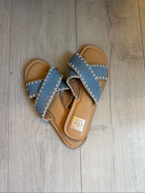 DV by Dolce Vita Denim Crisscross Slide Sandals - Blue & Tan